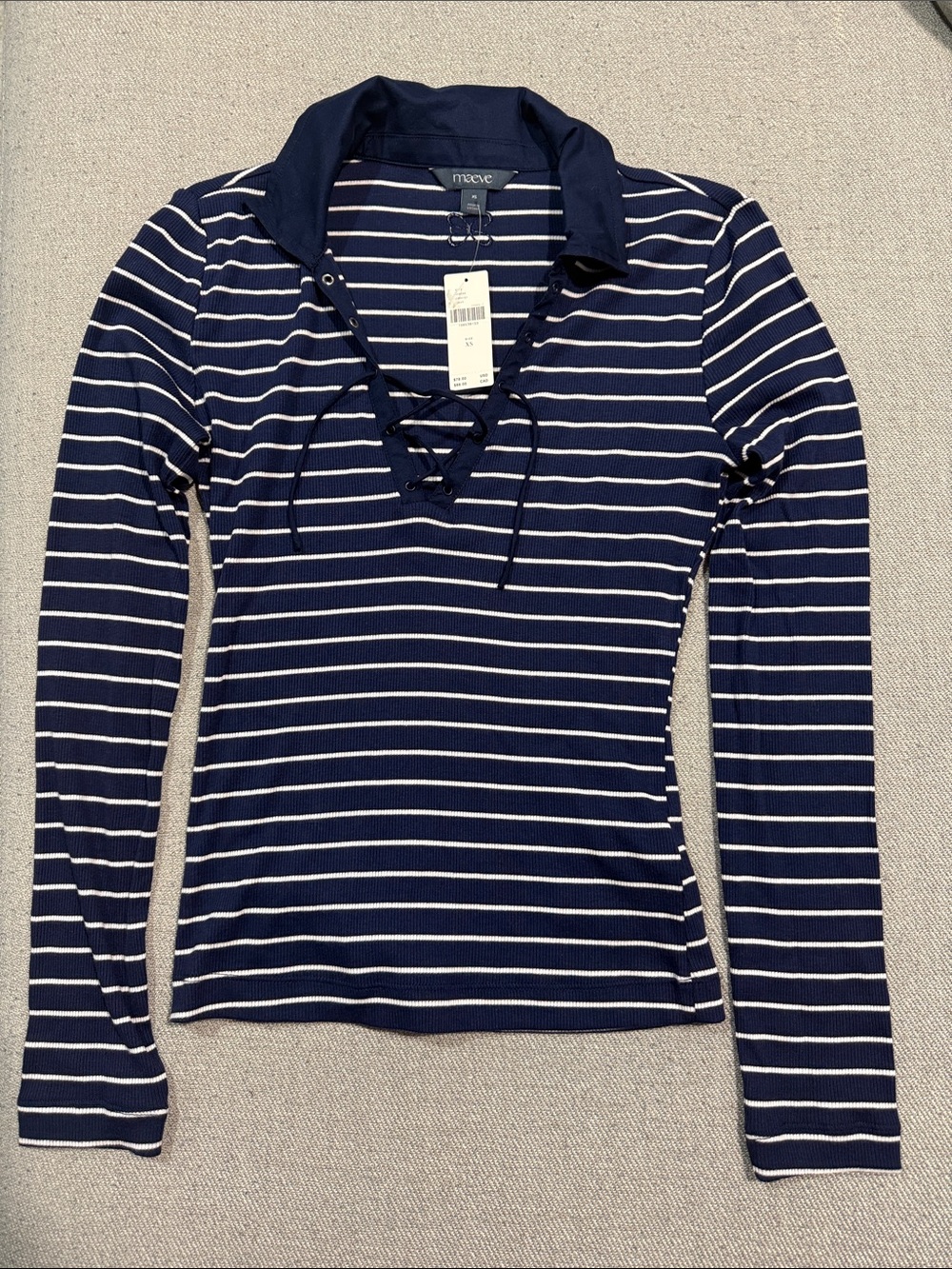 NWT Anthropologie Navy & White Lace-Up Striped Long-Sleeve Top